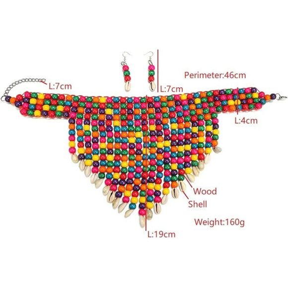 Wooden Beaded Bib Necklace Earrings Set African Boho Chunky Layered for Women - Picture 4 of 5